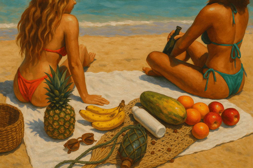 Ilustração feita por IA, de mulheres sentadas na praia de Maresias com algumas frutas e espalhadas pela canga.