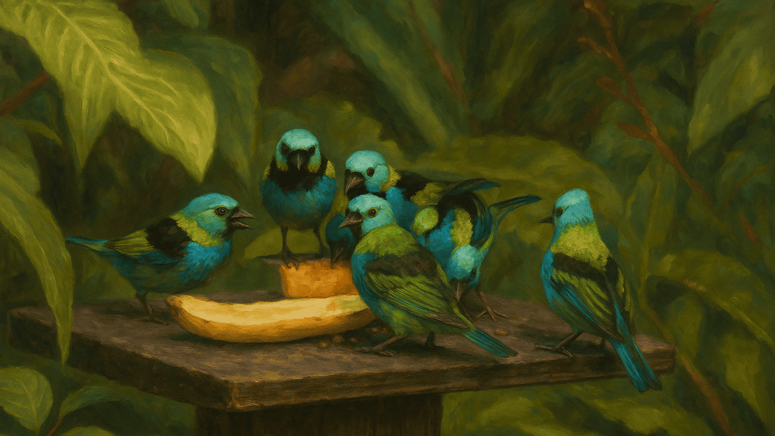 Ilustração feita por IA de pássaros saíra 7 cores comum na região do Litoral Norte de SP comendo uma banana.