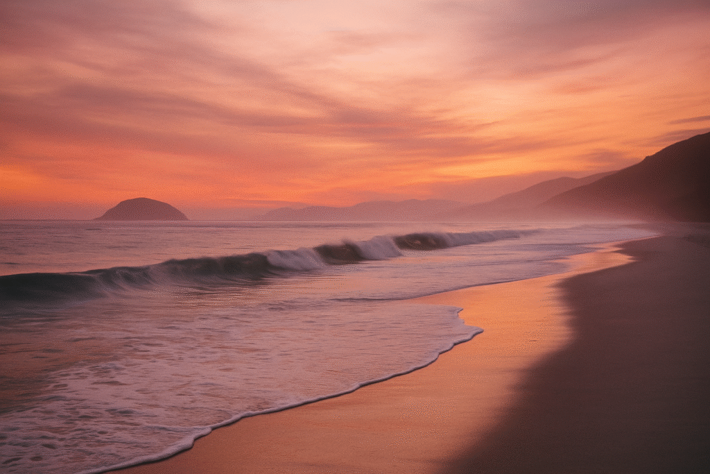 Ilustração de uma praia de são sebastião no inverno, com o céu em tons quentes de um pôr do sol e as ondas quebrando sutilmente na areia da praia