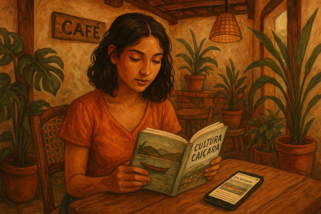 mulher sentada, lendo um livro sobre cultura caiçara buscando um guia de como planejar sua viagem, em um café rústico com algumas plantas em vasos ao redor.