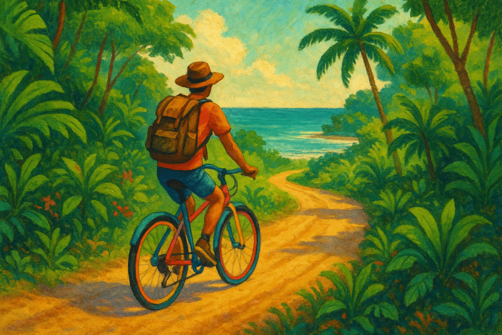 ilustração de um homem andando de bicicleta em meio a uma trilha com vegetação e o mar ao fundo como destino