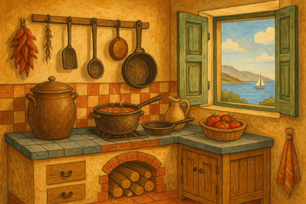 Ilustração de uma cozinha caiçara, com fogão a lenha, utensilios pendurados na parede e uma janela com vista para o mar.